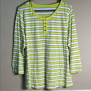 Kim Rogers Neon Yellow & White Striped Long-Sleeve Henley Size XL